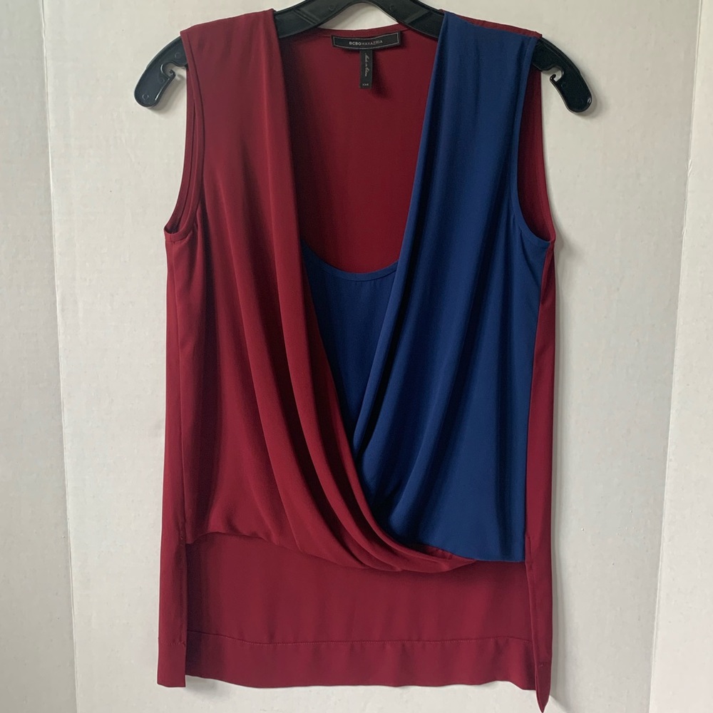 BCBGMaxAzria Surplice Drape Top Red Blue  XXS